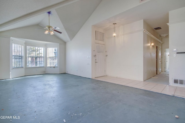 tiled empty room featuring high vaulted ceiling and ceiling fan with notable chandelier