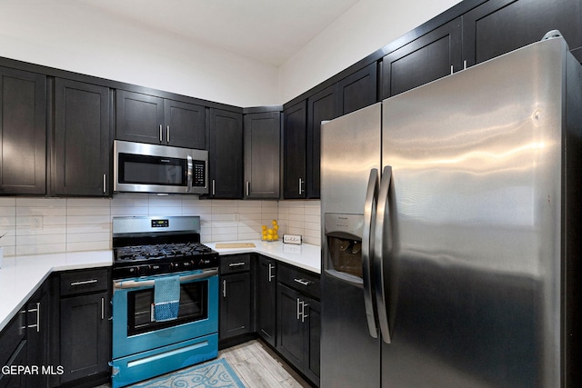 kitchen with light hardwood / wood-style flooring, appliances with stainless steel finishes, and tasteful backsplash