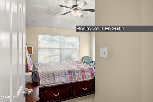 carpeted bedroom with ceiling fan