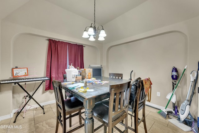 dining room with vaulted ceiling, a notable chandelier, and light tile patterned flooring