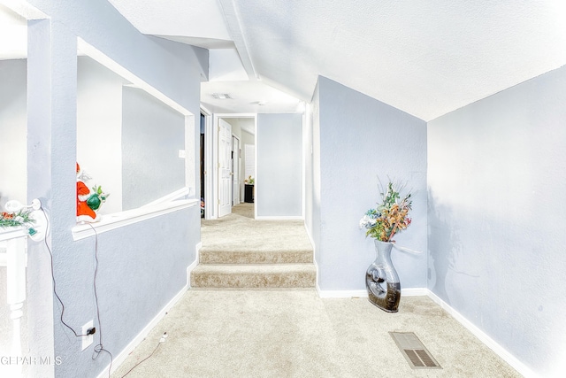 interior space featuring carpet, a textured ceiling, visible vents, and baseboards