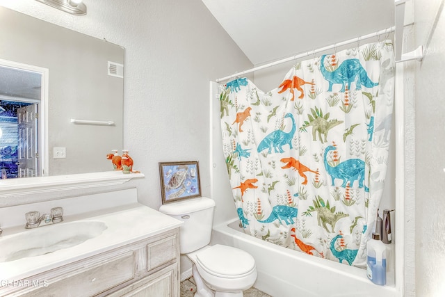 full bath with a textured wall, toilet, vanity, visible vents, and shower / bathtub combination with curtain