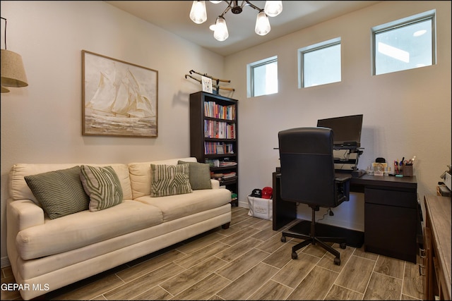 office with a chandelier