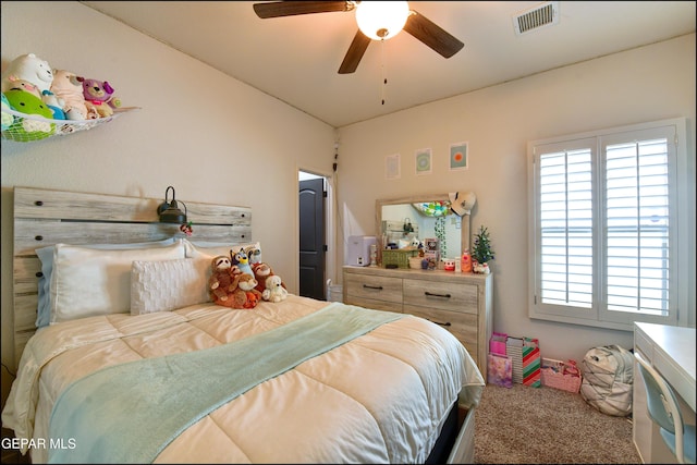 carpeted bedroom with ceiling fan