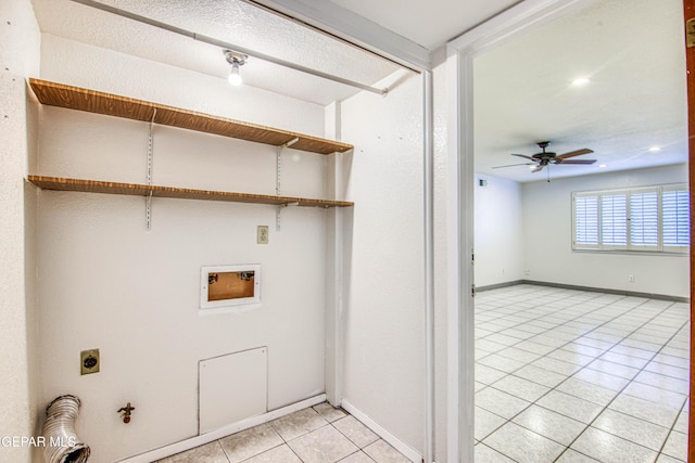 washroom featuring ceiling fan, hookup for an electric dryer, hookup for a gas dryer, hookup for a washing machine, and light tile patterned floors