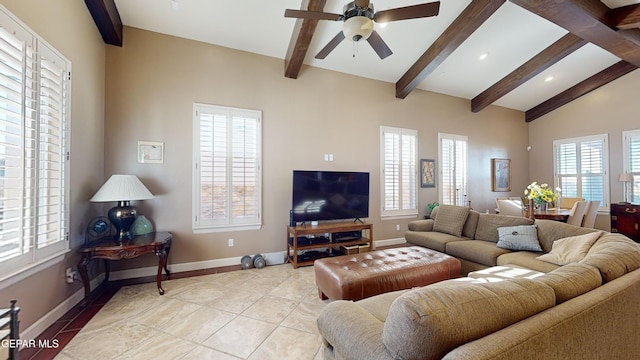 tiled living room with lofted ceiling with beams and ceiling fan