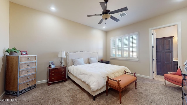 carpeted bedroom featuring ceiling fan