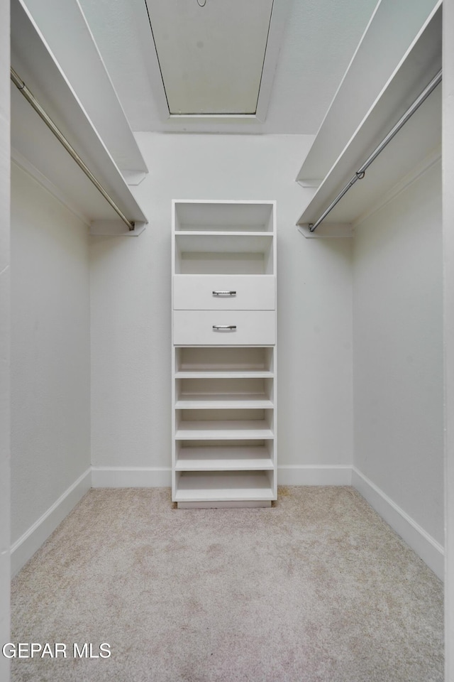 walk in closet featuring light carpet