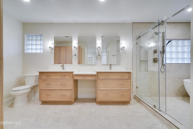 bathroom with vanity, toilet, and walk in shower