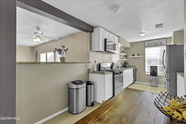 kitchen with white cabinetry, light hardwood / wood-style flooring, a healthy amount of sunlight, and appliances with stainless steel finishes