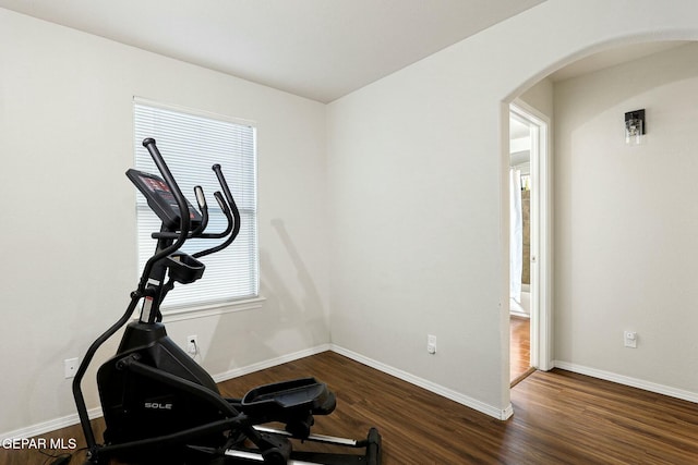 exercise area with dark hardwood / wood-style flooring and a healthy amount of sunlight