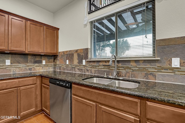 kitchen with backsplash, dishwasher, dark stone countertops, and sink