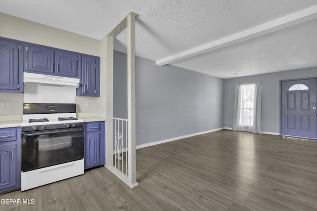 kitchen with wood-type flooring, white range with gas stovetop, a textured ceiling, and blue cabinets