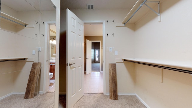 walk in closet with light colored carpet