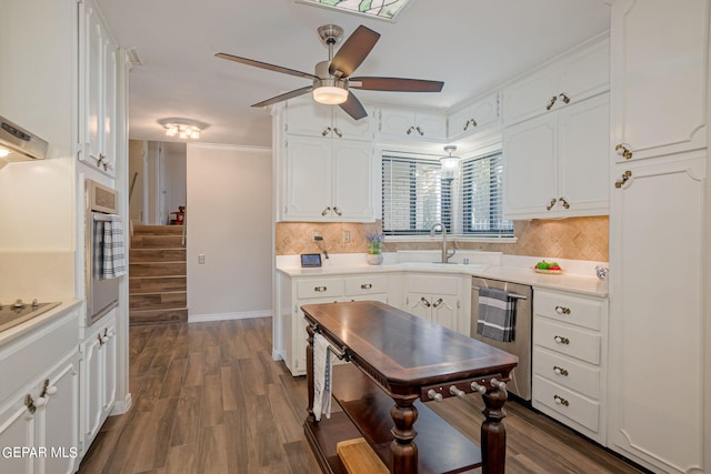 kitchen featuring appliances with stainless steel finishes, ceiling fan, sink, dark hardwood / wood-style floors, and white cabinetry