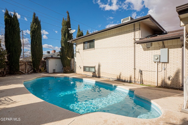 view of swimming pool with a storage unit and a patio