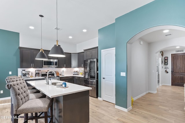 kitchen with a kitchen bar, appliances with stainless steel finishes, backsplash, pendant lighting, and an island with sink