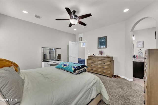 bedroom featuring ceiling fan and carpet flooring