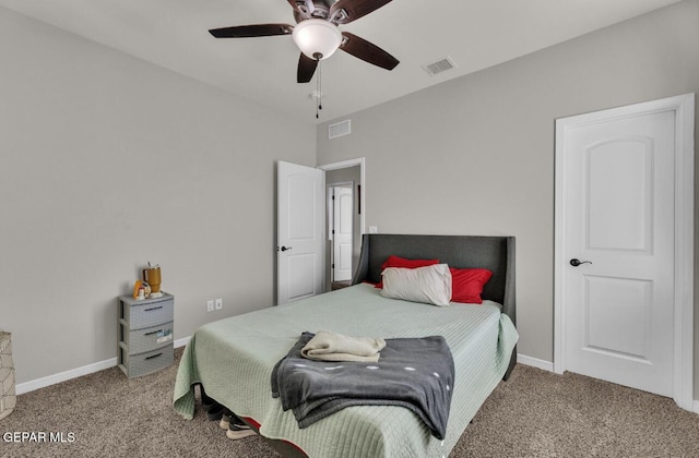 carpeted bedroom featuring ceiling fan