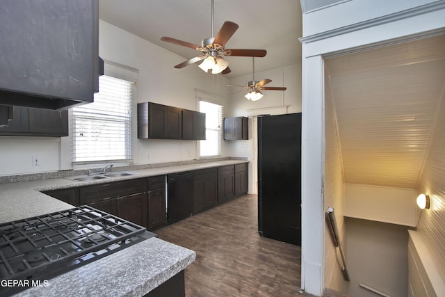 kitchen featuring dark brown cabinetry, ceiling fan, sink, dark hardwood / wood-style floors, and black appliances