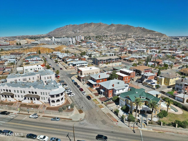 drone / aerial view featuring a mountain view