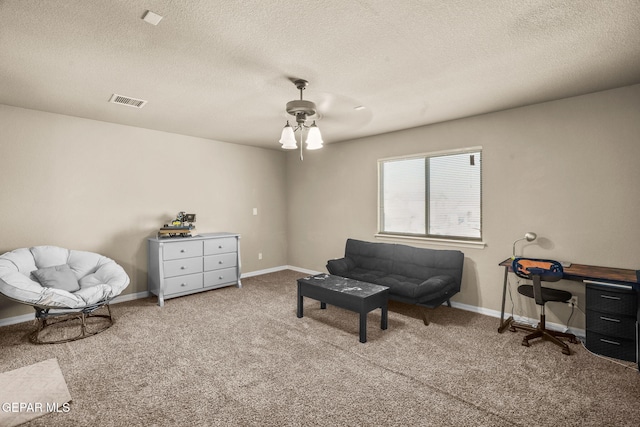 sitting room with light carpet and a textured ceiling