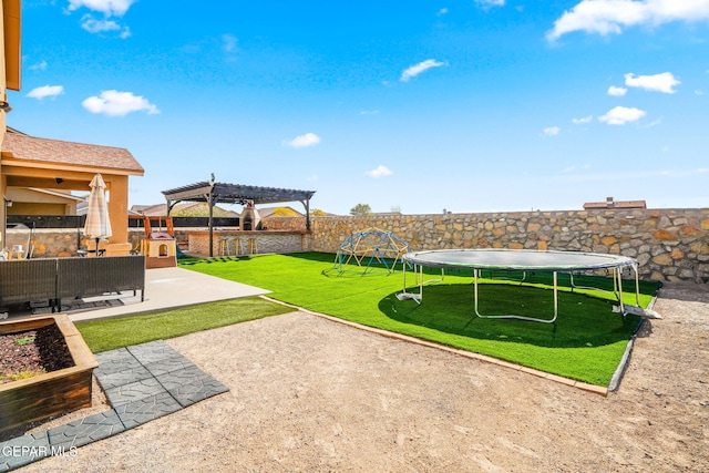 view of yard featuring outdoor lounge area, a pergola, a trampoline, and a patio