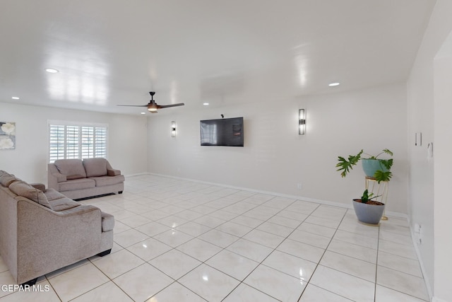 tiled living room featuring ceiling fan