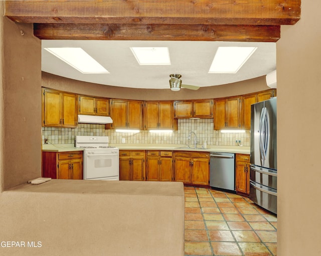 kitchen with backsplash, kitchen peninsula, sink, and stainless steel appliances