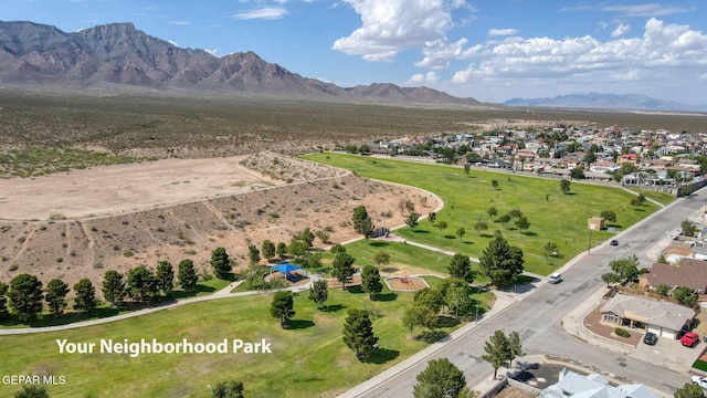 drone / aerial view featuring a mountain view