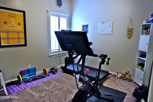 exercise room with carpet flooring