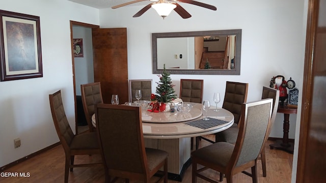 dining area with ceiling fan and wood-type flooring