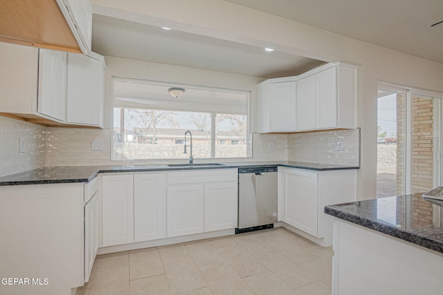 kitchen with dishwasher, white cabinetry, and sink