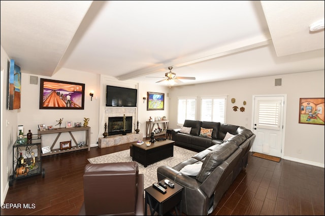 550 Shadow Willow Dr, El Paso, TX 79922 - living room featuring ceiling fan, beam ceiling, and a stone fireplace