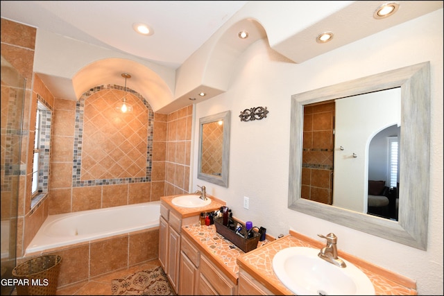 550 Shadow Willow Dr, El Paso, TX 79922 - bathroom with tile patterned flooring, vanity, and tiled bath