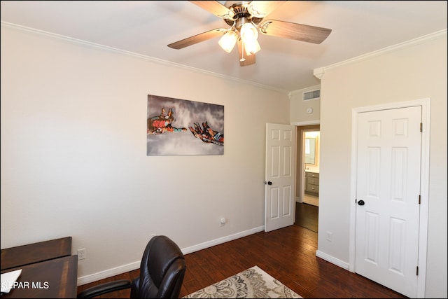 550 Shadow Willow Dr, El Paso, TX 79922 - office with crown molding, ceiling fan, and dark hardwood / wood-style floors