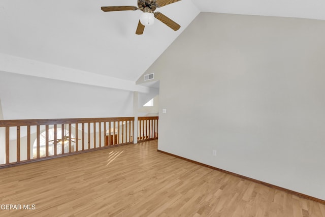 empty room featuring ceiling fan, light hardwood / wood-style floors, and lofted ceiling