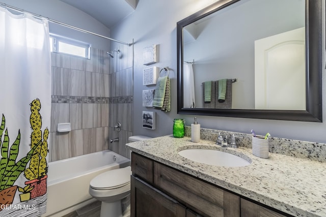 full bathroom with vanity, toilet, and shower / bathtub combination with curtain