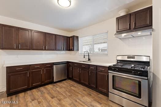 kitchen with dark brown cabinets, stainless steel appliances, light hardwood / wood-style flooring, and sink