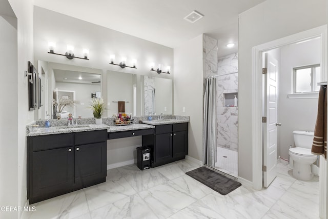 bathroom featuring vanity, curtained shower, and toilet