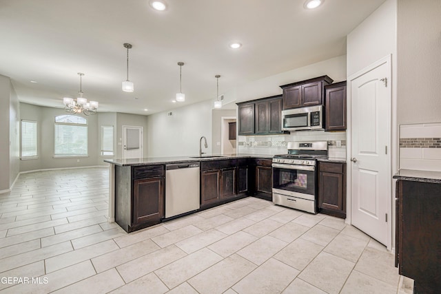 kitchen featuring dark brown cabinets, an inviting chandelier, hanging light fixtures, and appliances with stainless steel finishes