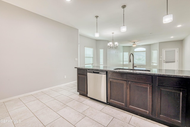 kitchen with dark brown cabinets, ceiling fan with notable chandelier, sink, dishwasher, and light tile patterned flooring