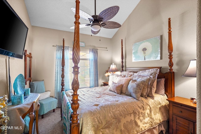 carpeted bedroom with ceiling fan, vaulted ceiling, and a textured ceiling