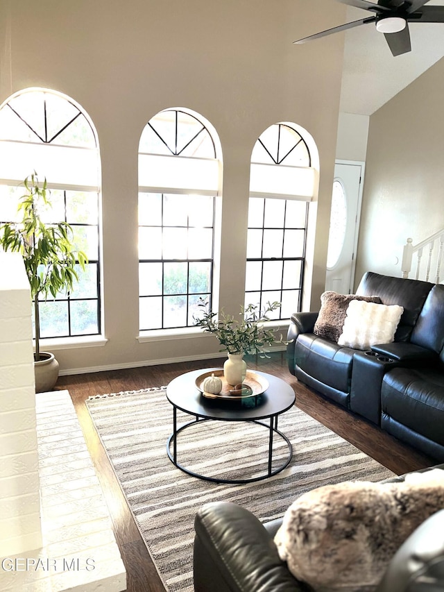 living room featuring ceiling fan and dark hardwood / wood-style flooring