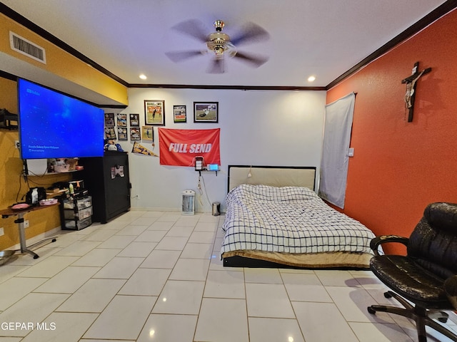 bedroom featuring ceiling fan, crown molding, and light tile patterned flooring