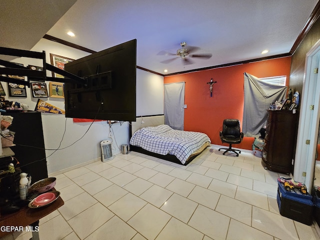 tiled bedroom with ceiling fan and ornamental molding