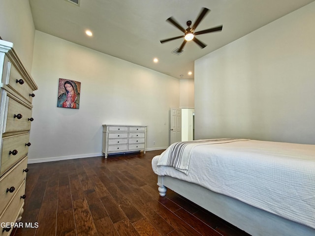 bedroom featuring ceiling fan and dark hardwood / wood-style flooring