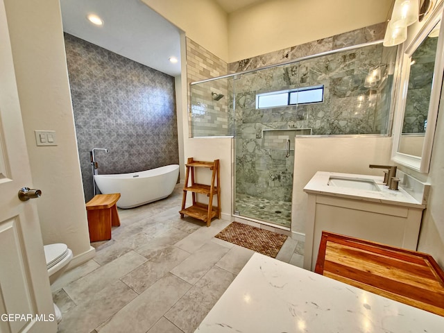 full bathroom featuring vanity, toilet, and plus walk in shower