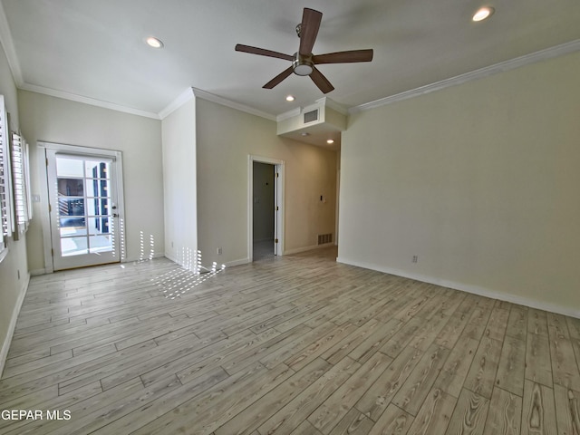 empty room with ceiling fan, light wood-type flooring, and crown molding