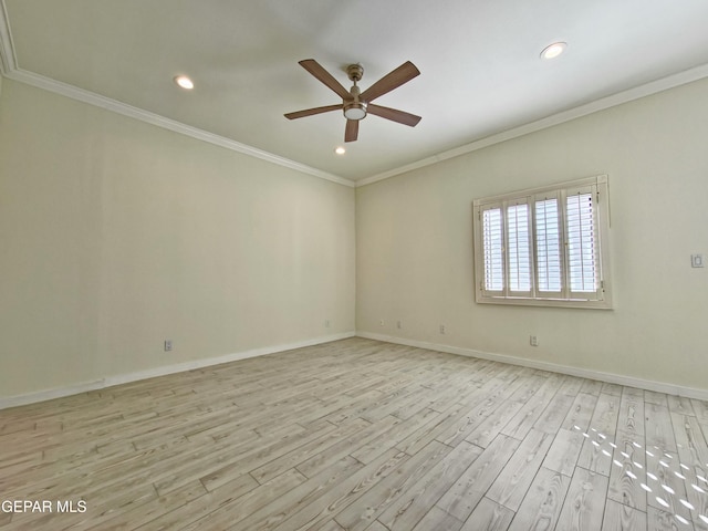 unfurnished room with ceiling fan, light wood-type flooring, and crown molding